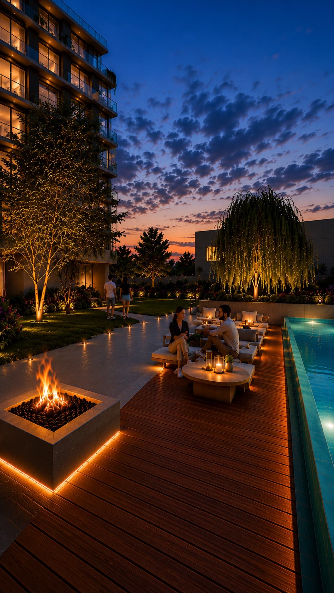 Piscina, deck y patio de Pontesole al atardecer